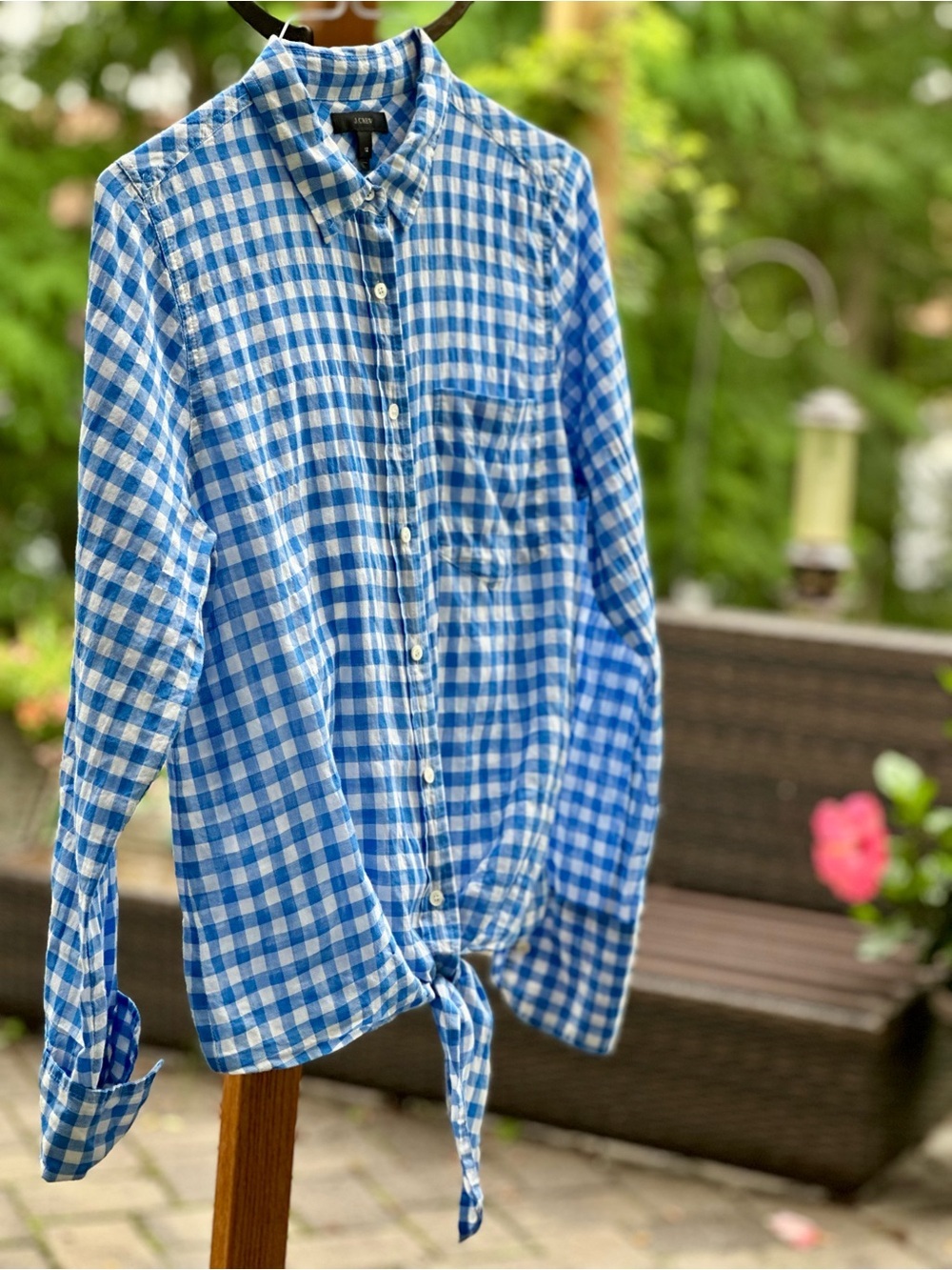 J.Crew Blue White Gingham Tie Front Button Shirt Blouse Women’s 12 Cotton